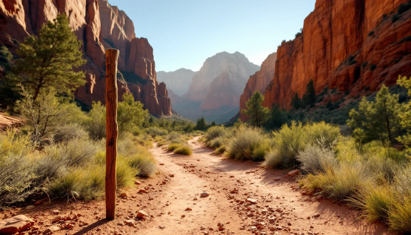 A dirt path surrounded by bushes and trees leads through a valley with red rocky cliffs and mountains in the background under a clear sky