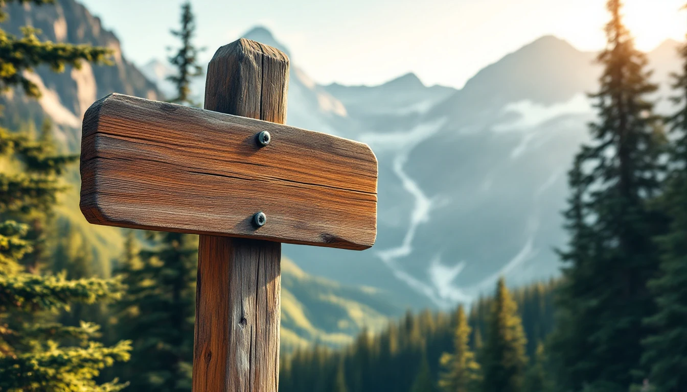 A wooden blank signpost in a mountainous forest area with trees and misty mountains in the background under sunlight