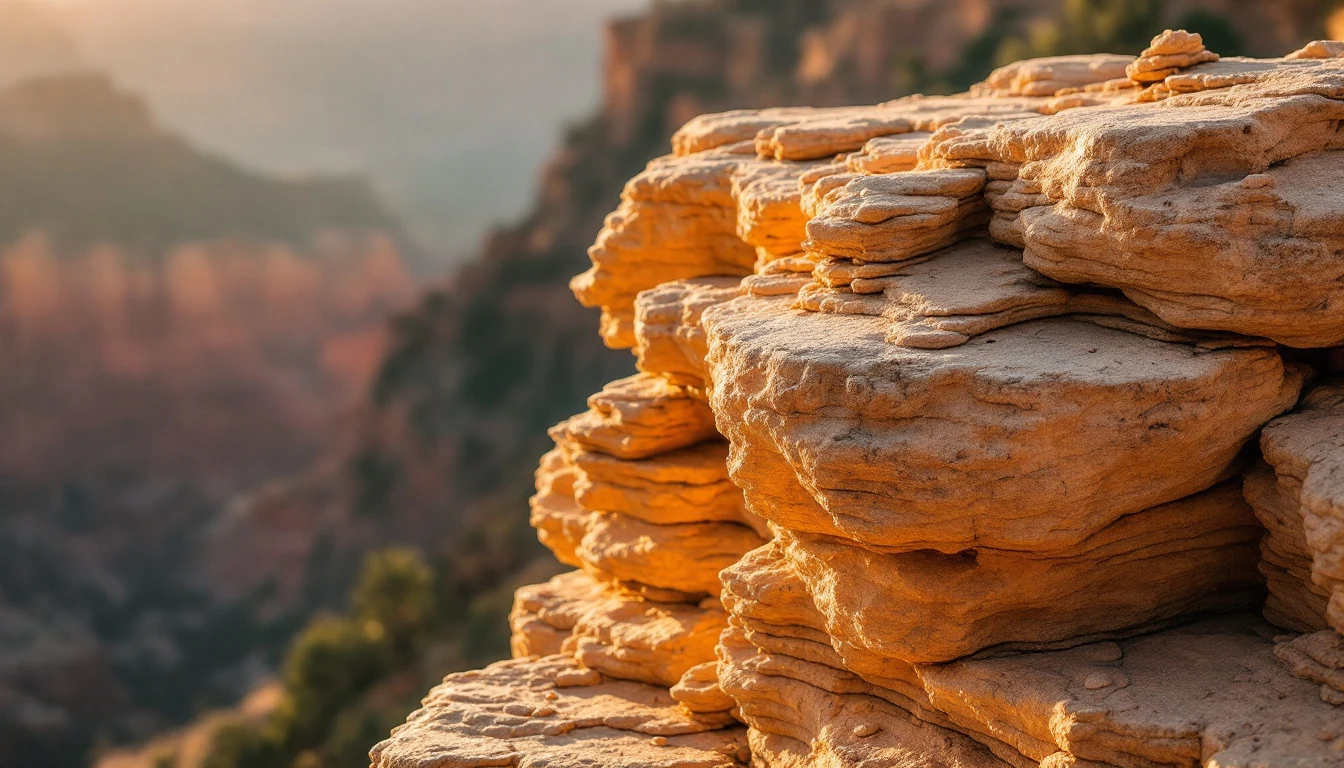 close-up of layered rock formations with a blurred canyon background