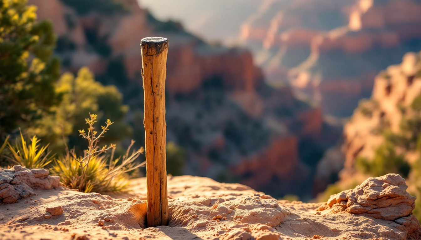 A close-up of a wooden stick standing upright in sandy ground with blurred rock formations and vegetation in the background