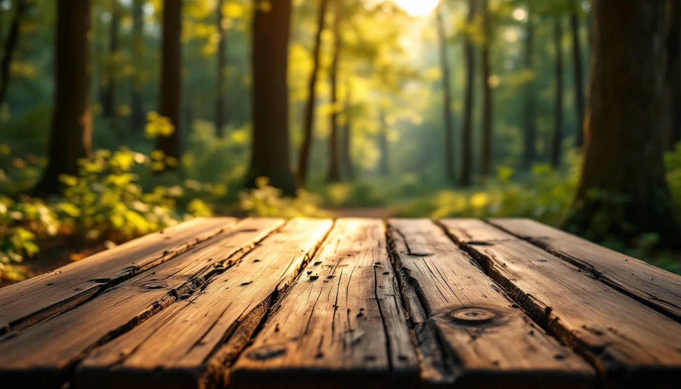 Close-up of a wooden surface with an out-of-focus forest background in warm sunlight