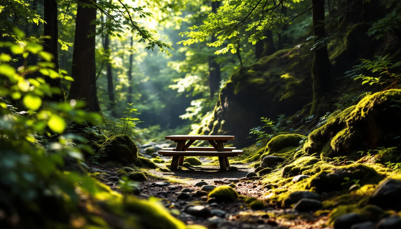A wooden picnic table in a sunlit forest clearing surrounded by moss-covered rocks and trees