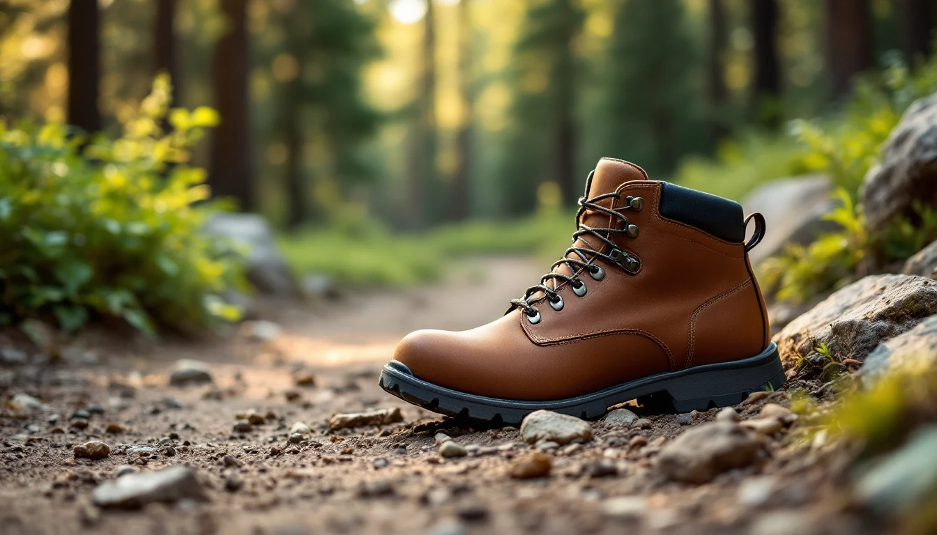 A single brown hiking boot placed on a rocky dirt trail in a forest with blurred green trees and plants in the background
