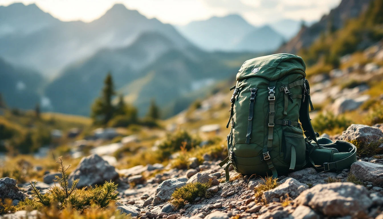 A green hiking backpack resting on rocky ground with a blurred mountainous landscape in the background