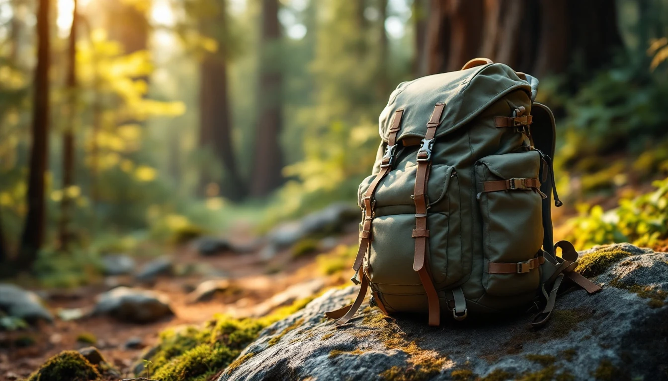 A green backpack with brown straps resting on a rock in a forest with blurry trees and sunlight in the background.