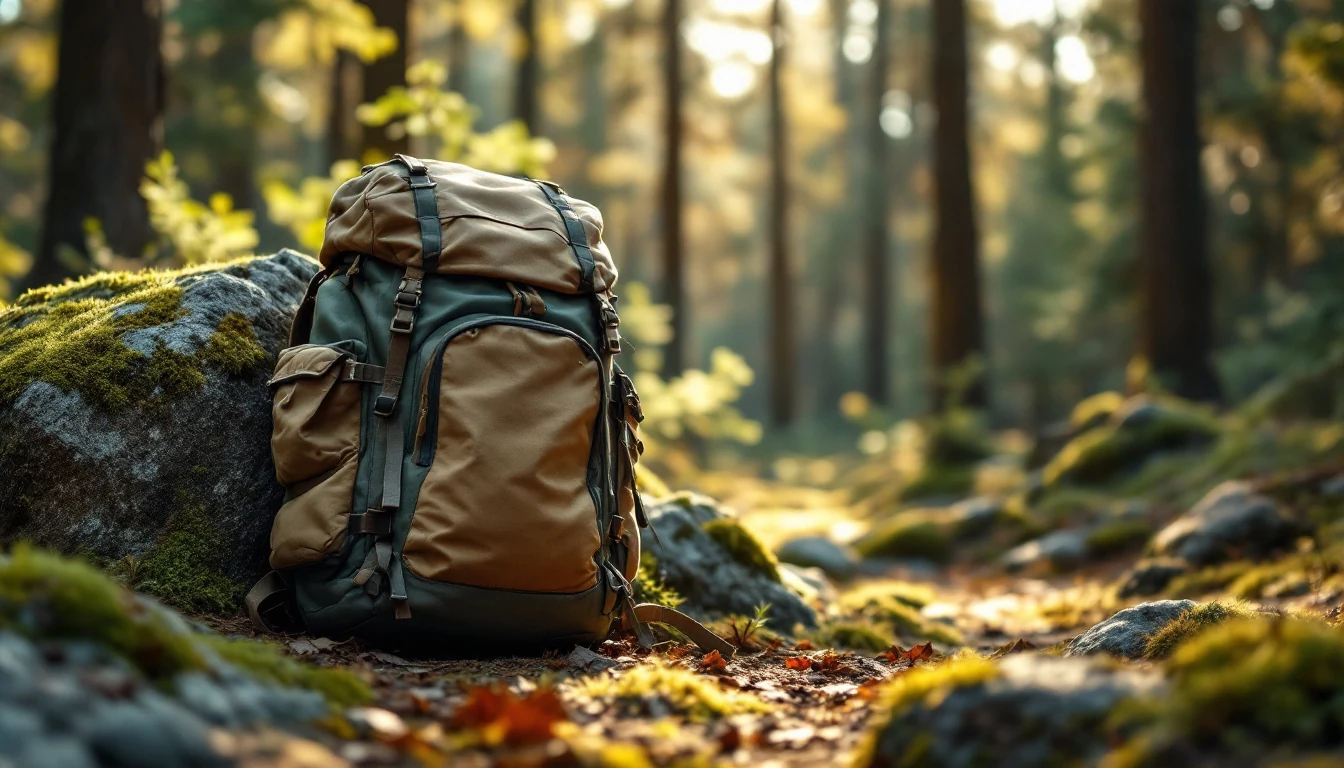A large backpack resting on a forest floor covered with moss and fallen leaves, with tall trees in the background